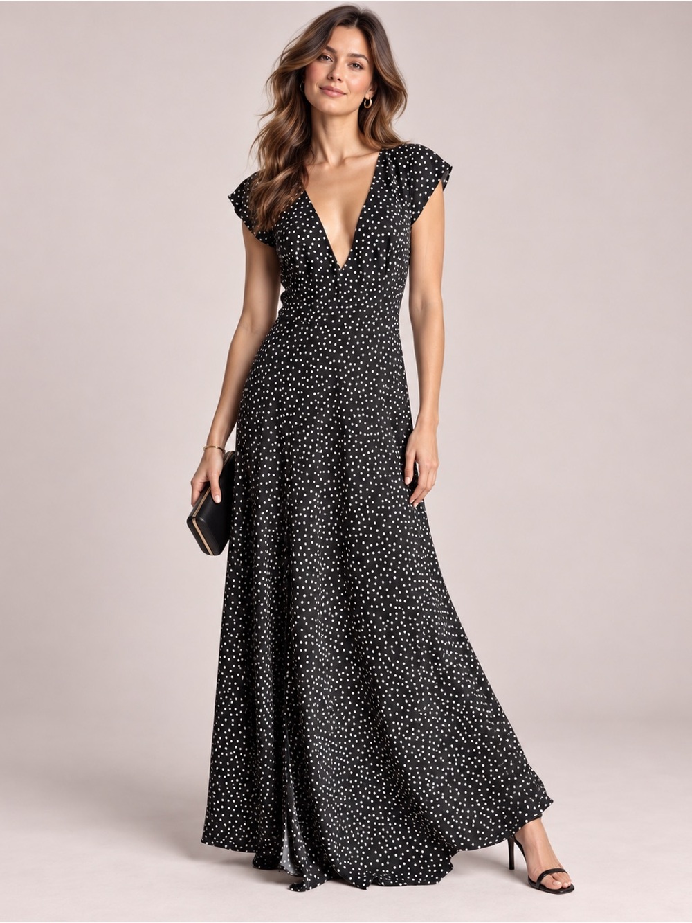 Custom Made Black Polka Dot V-Neck Maxi Dress